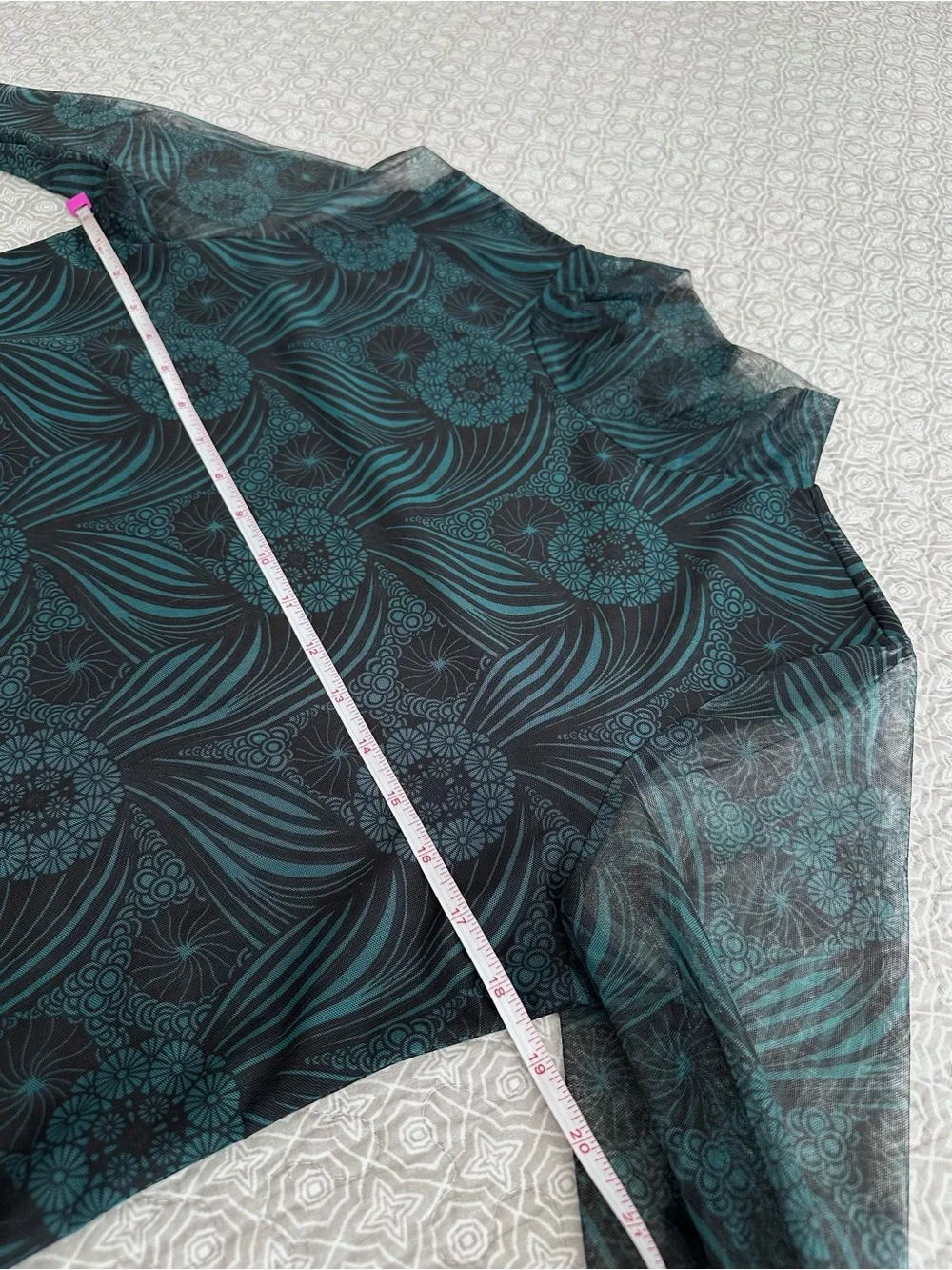 Anthropologie Gauzy Turtleneck Sheer Mesh Teal Green Black Floral Size M